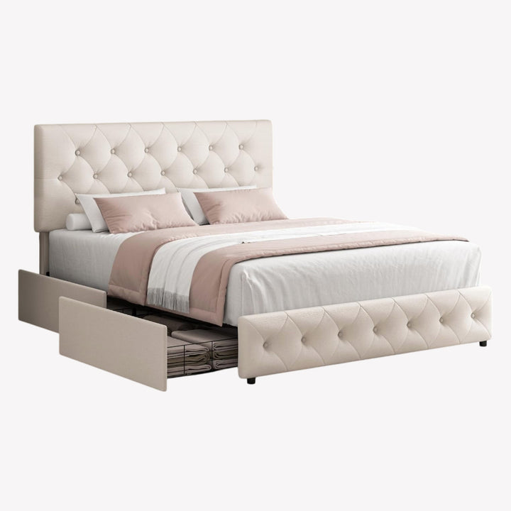 Finley Fabric Upholstered Platform Bed Frame With Built-in USB Charging Ports - Beige