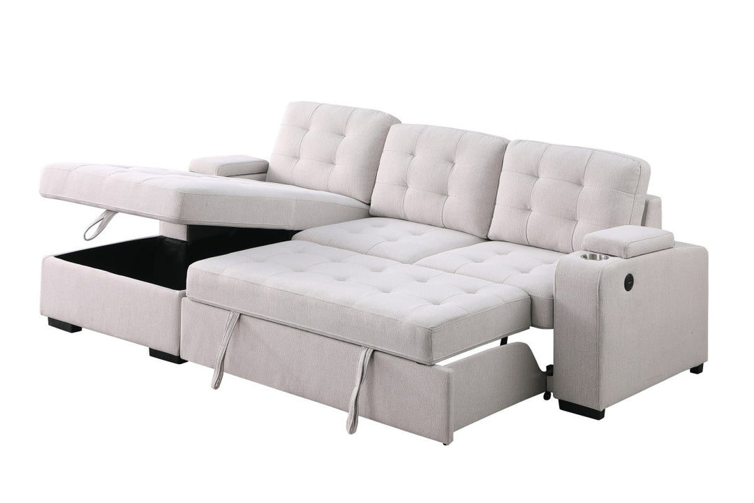 Lennox Beige Sectional Sleeper - Plush Fabric, Pull-out Bed, LHS Storage Chaise, USB Ports