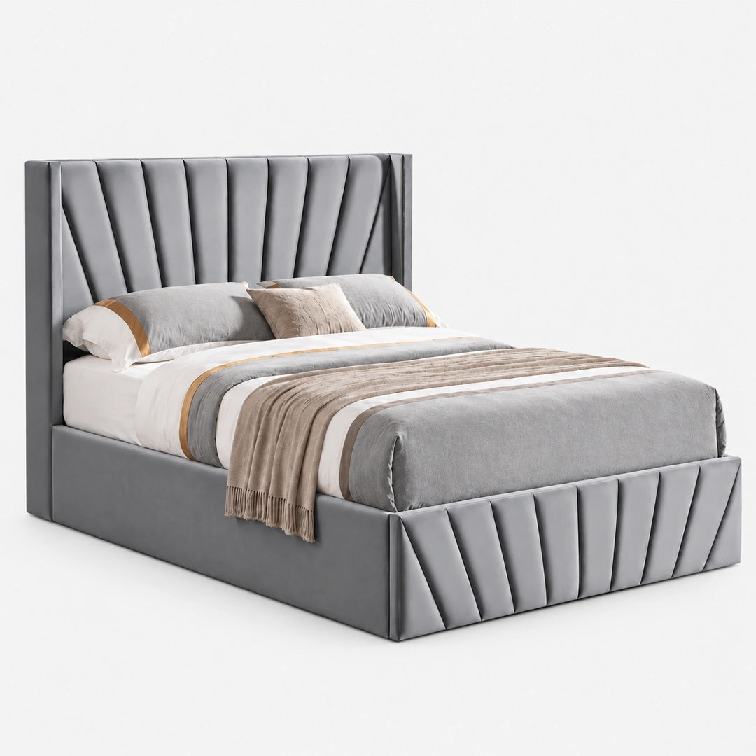 Konas Grey Velvet Upholstered Smart Storage Platform Bed Frame