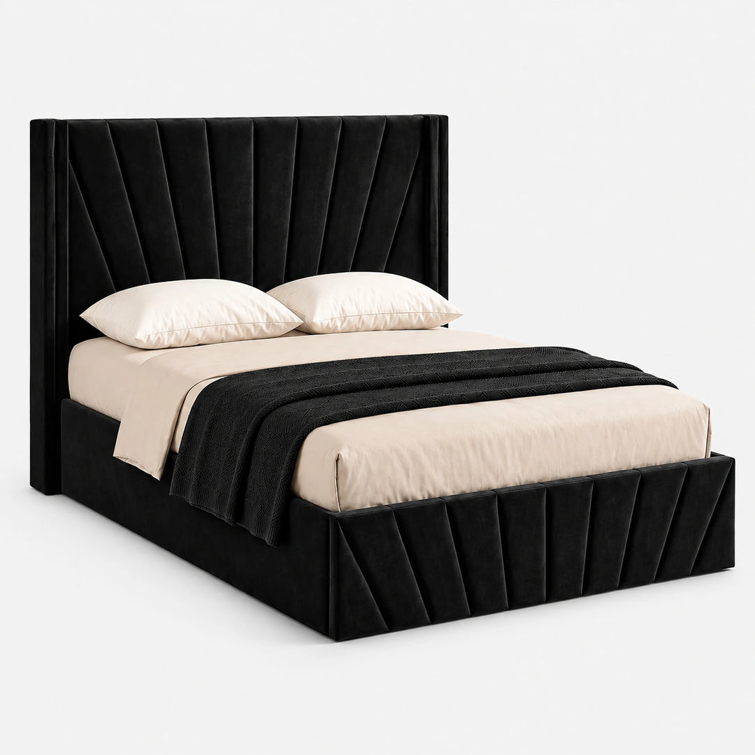 Konas Black Velvet Upholstered Smart Storage Platform Bed Frame
