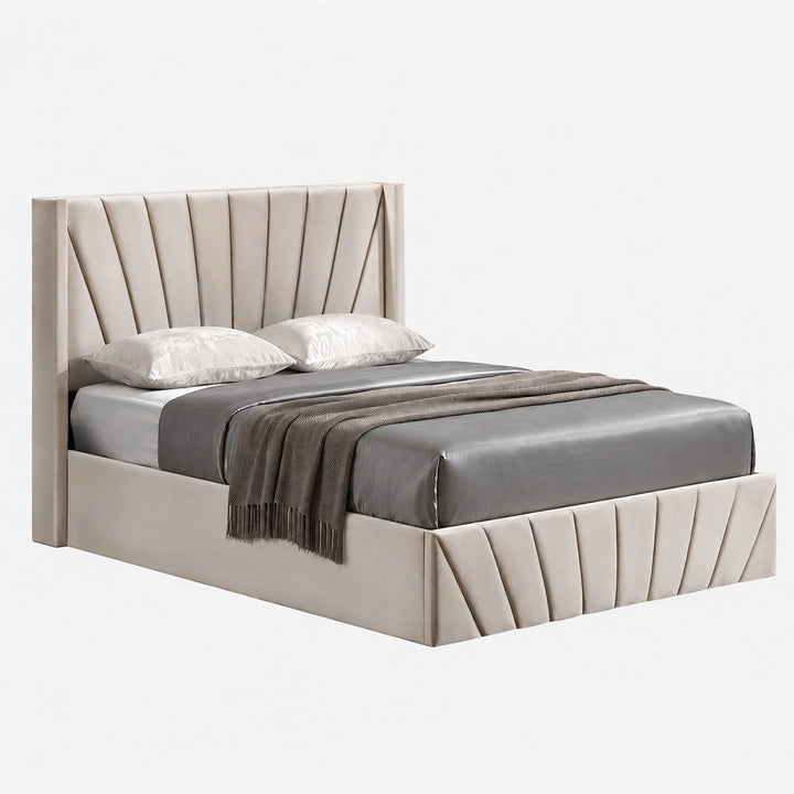 Konas Ivory Velvet Upholstered Smart Storage Platform Bed Frame