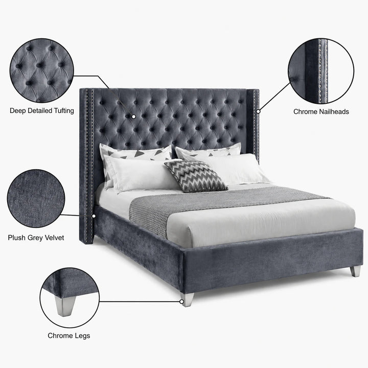 Suzon Grey Velvet Upholstered Platform Bed Frame With Button-Tufted Headboard