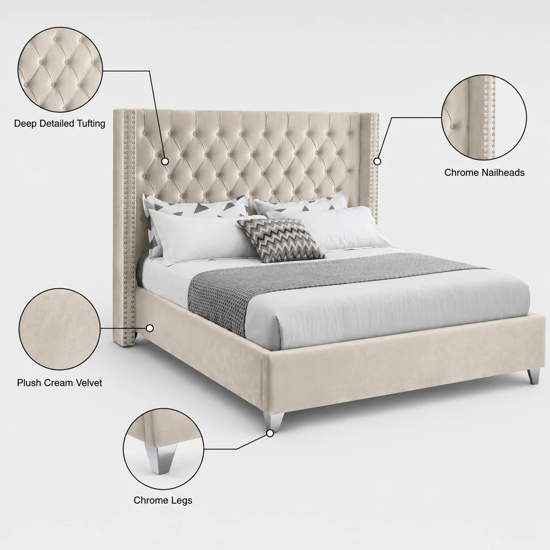 Suzon Cream Velvet Upholstered Platform Bed Frame With Button-Tufted Headboard