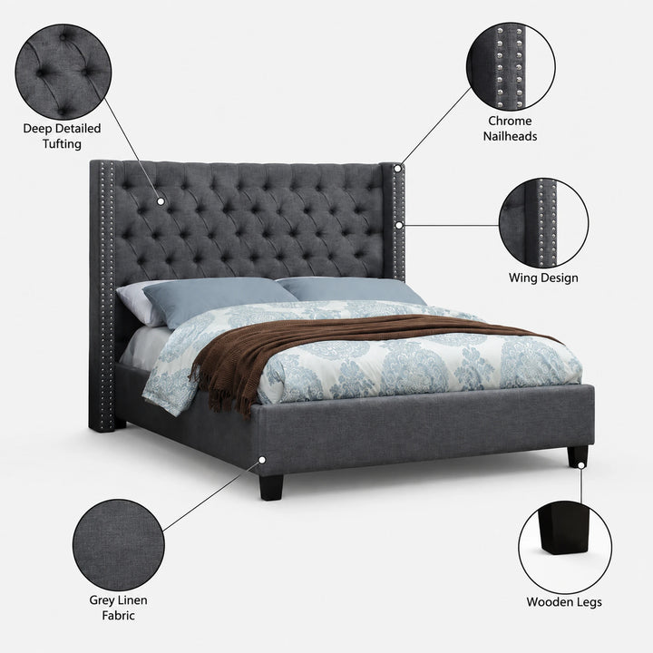 Zuka Grey Fabric Upholstered Platform Bed Frame With Button Tufted Headboard