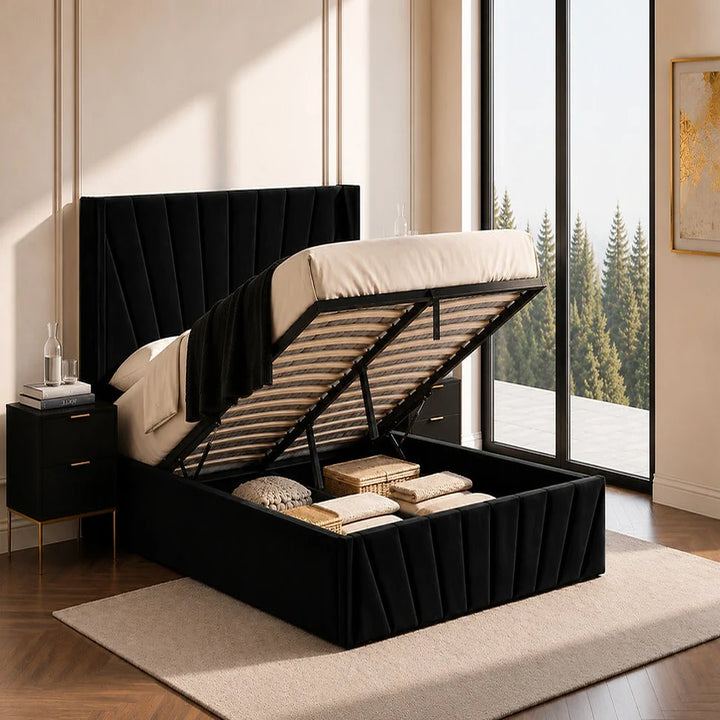 Konas Black Velvet Upholstered Smart Storage Platform Bed Frame
