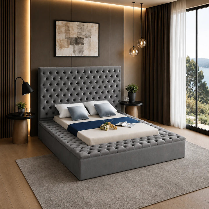Vettori Grey Velvet Upholstered Platform Bed Frame With Built-in Storage Benches