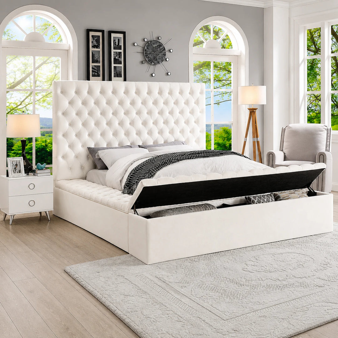 Vettori Cream Velvet Upholstered Platform Bed Frame With Built-in Storage Benches