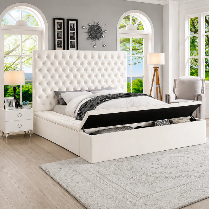 Vettori Cream Velvet Upholstered Platform Bed Frame With Built-in Storage Benches