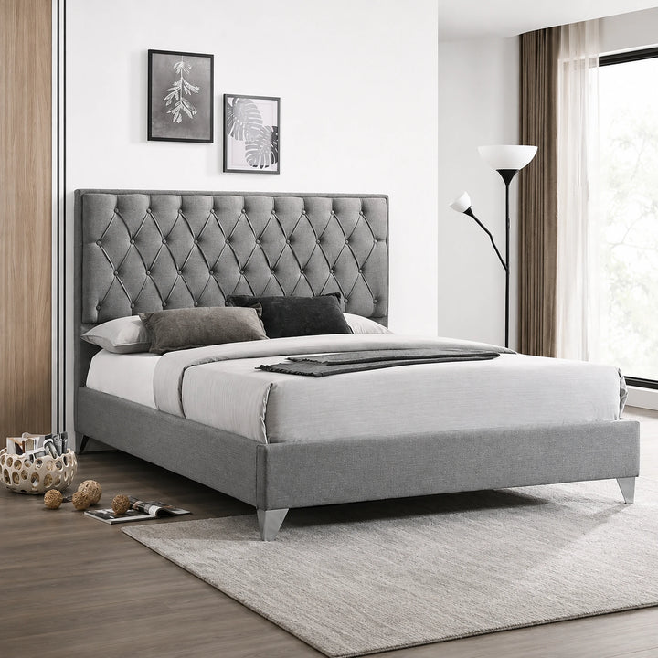 Cooper Grey Fabric Upholstered Platform Bed Frame With Diamond Tufted Headboard