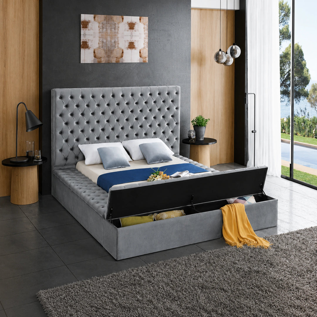 Vettori Grey Velvet Upholstered Platform Bed Frame With Built-in Storage Benches
