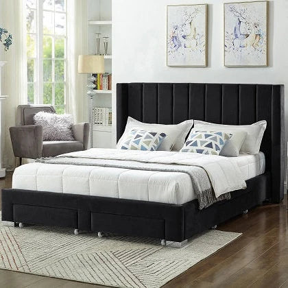 Simpala Velvet Upholstered Platform Bed Frame In Black Finish