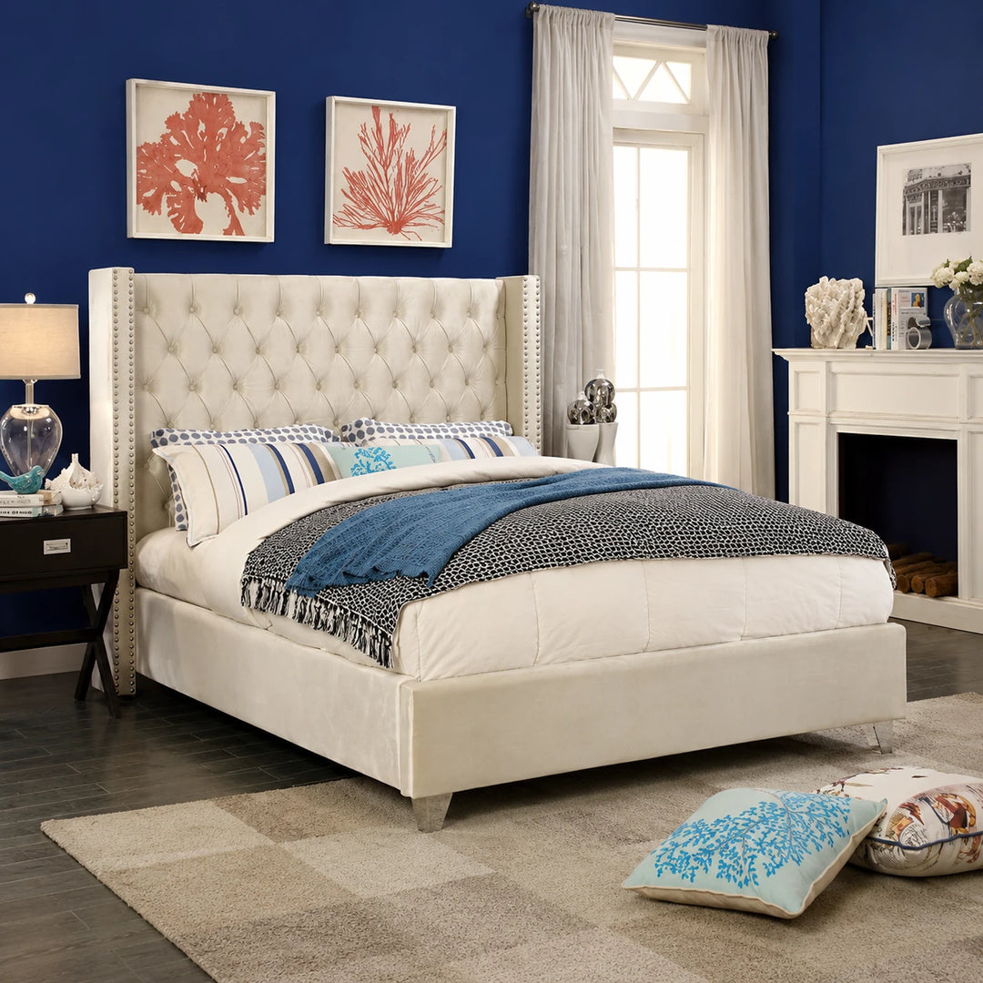 Suzon Cream Velvet Upholstered Platform Bed Frame With Button-Tufted Headboard