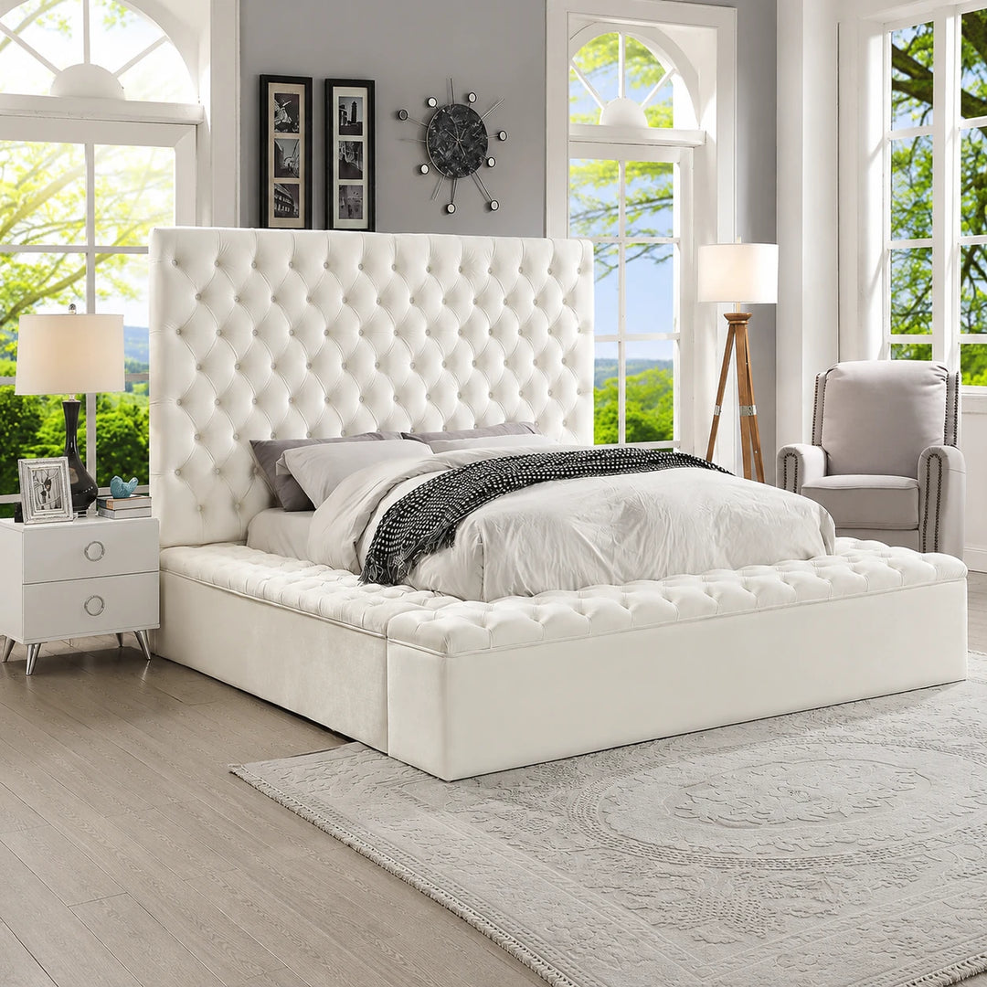 Vettori Cream Velvet Upholstered Platform Bed Frame With Built-in Storage Benches