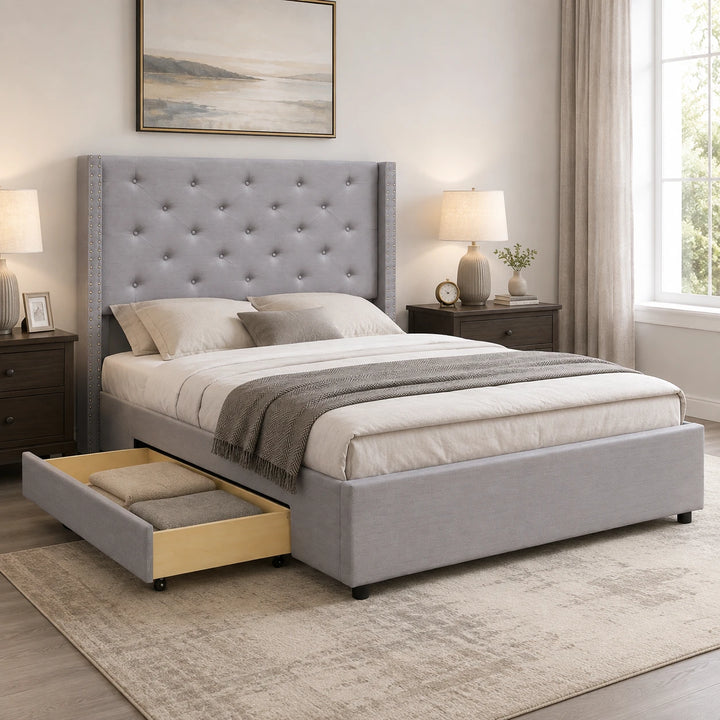 Malibu Fabric Upholstered Platform Bed Frame With Storage - Grey
