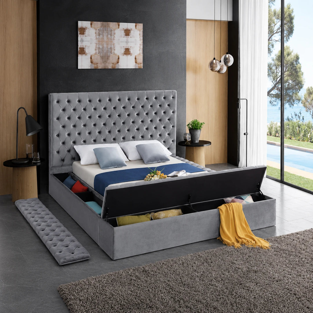 Vettori Grey Velvet Upholstered Platform Bed Frame With Built-in Storage Benches