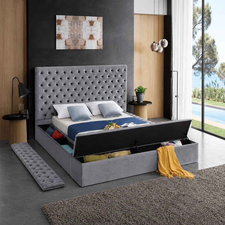 Vettori Grey Velvet Upholstered Platform Bed Frame With Built-in Storage Benches