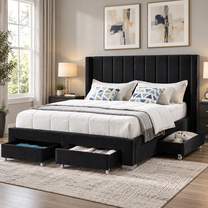 Simpala Velvet Upholstered Platform Bed Frame In Black Finish