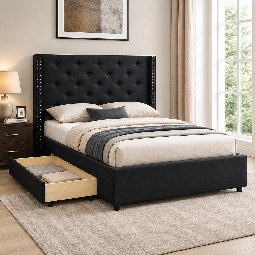 Malibu Fabric Upholstered Platform Bed Frame With Storage - Black