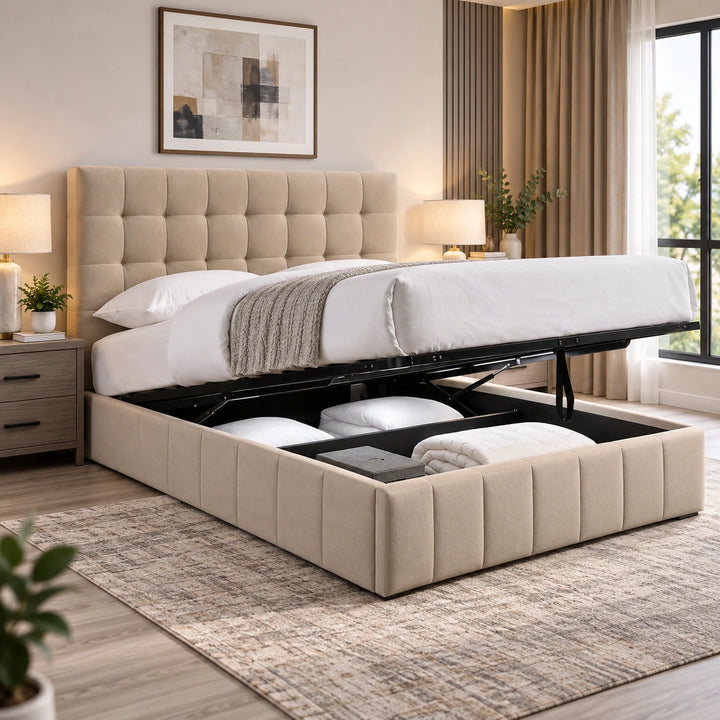 Tucson Ivory Fabric Upholstered Storage Platform Bed Frame