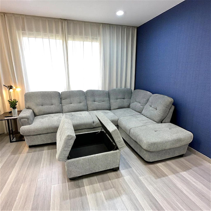 Bena Comfortable Sectional Sofa With RHF Chaise & Storage Ottoman - Exquisite Grey