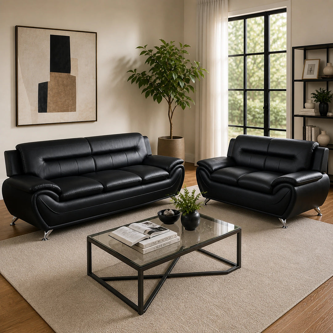 Gilan 3-Piece Sofa Set In Faux Leather Upholstery - Black