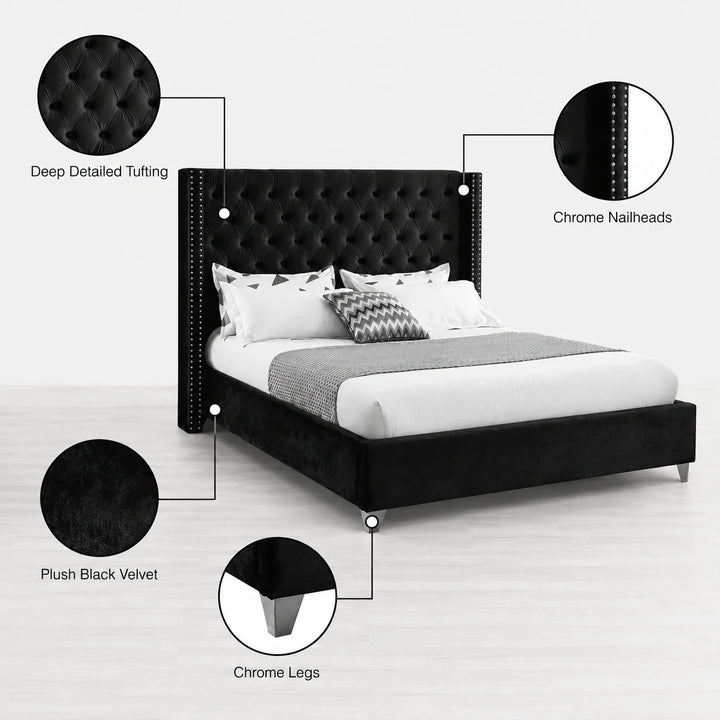 Suzon Black Velvet Upholstered Platform Bed Frame With Button-Tufted Headboard