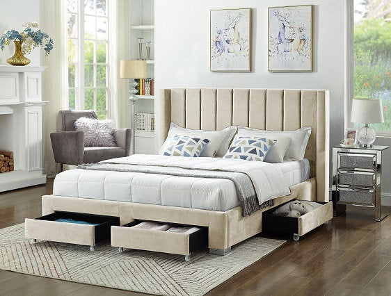 Simpala Velvet Upholstered Platform Bed Frame In Beige Finish