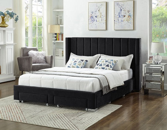 Simpala Velvet Upholstered Platform Bed Frame In Black Finish