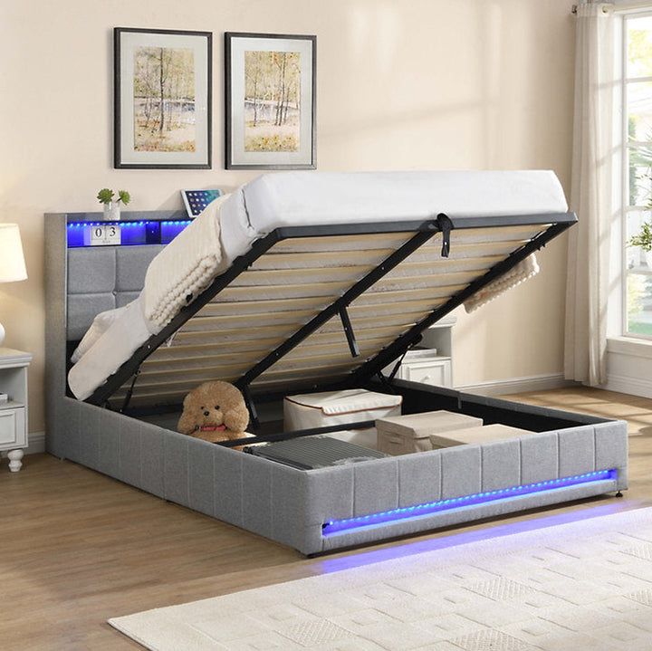 Kairen Grey Fabric Upholstered Platform Bed Frame With LED Lighting System