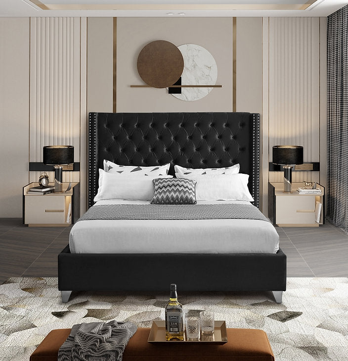 Suzon Black Velvet Upholstered Platform Bed Frame With Button-Tufted Headboard