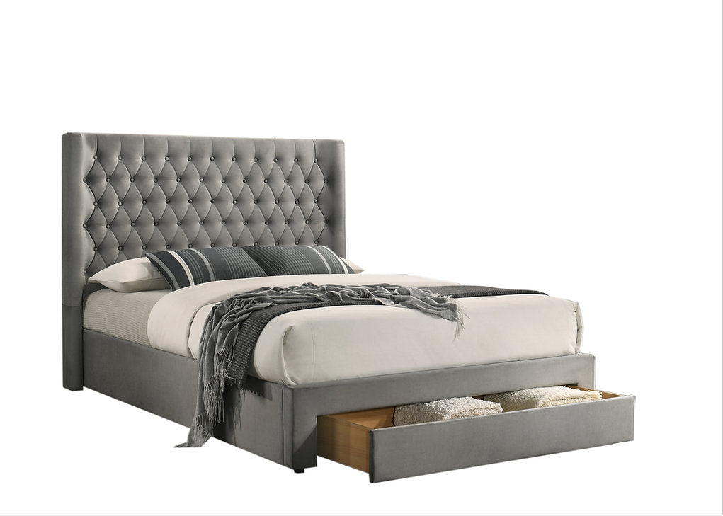 Rabio Grey Velvet Upholstered Platform Bed Frame With Built-In Storage Drawer
