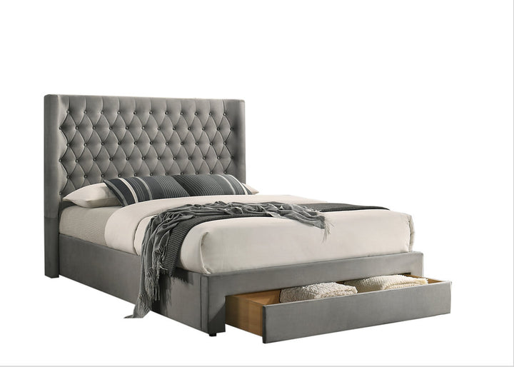 Rabio Grey Velvet Upholstered Platform Bed Frame With Built-In Storage Drawer