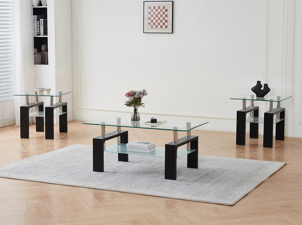 Odien Black 3-Piece Coffee Table Set With Tempered Glass Top
