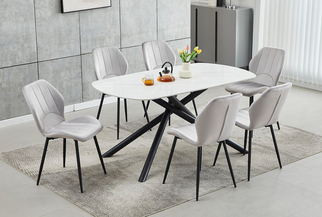 Luis Dining Table Set For 6 With Light Grey Velvet Upholstered Chairs