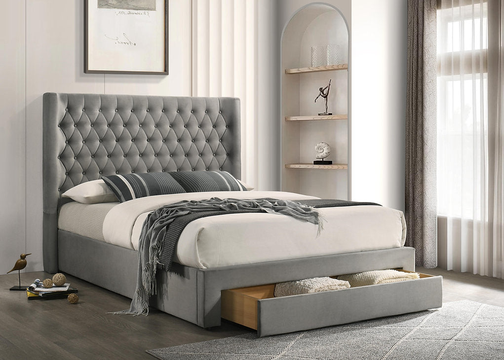 Rabio Grey Velvet Upholstered Platform Bed Frame With Built-In Storage Drawer