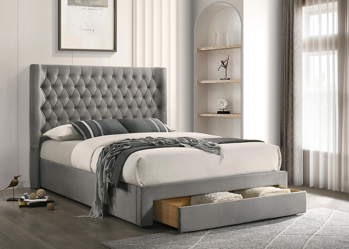 Rabio Grey Velvet Upholstered Platform Bed Frame With Built-In Storage Drawer