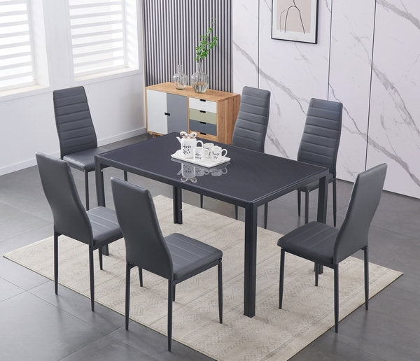 Dice Dark Grey 7-Piece Dining Table Set With PU Leather Upholstered Chairs