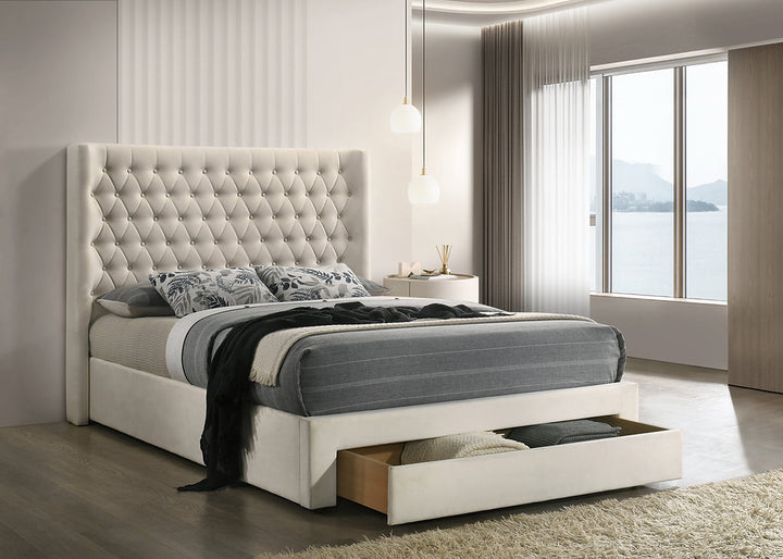 Rabio Ivory Fabric Upholstered Platform Bed Frame With Built-In Storage Drawer