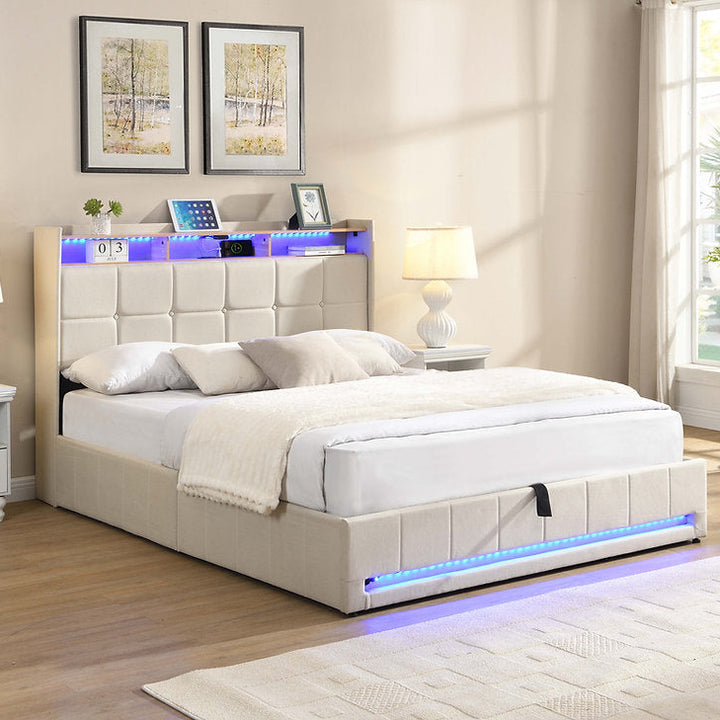 Kairen Beige Fabric Upholstered Platform Bed Frame With LED Lighting System