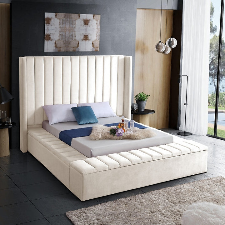 Jengo Beige Velvet Upholstered Platform Bed Frame With Storage Benches
