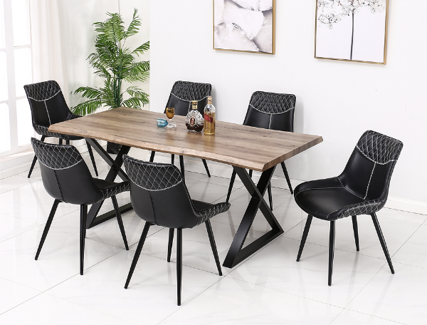 Lingo Dining Table Set For 6 With Black PU Leather Chairs