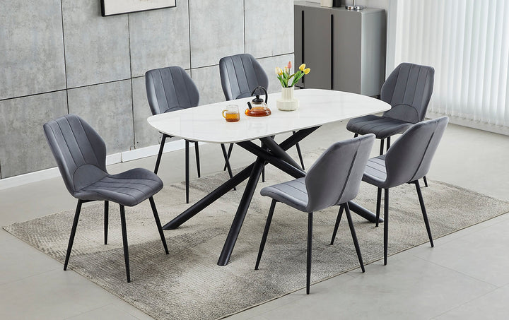 Luis Dining Table Set For 6 With Dark Grey Velvet Upholstered Chairs