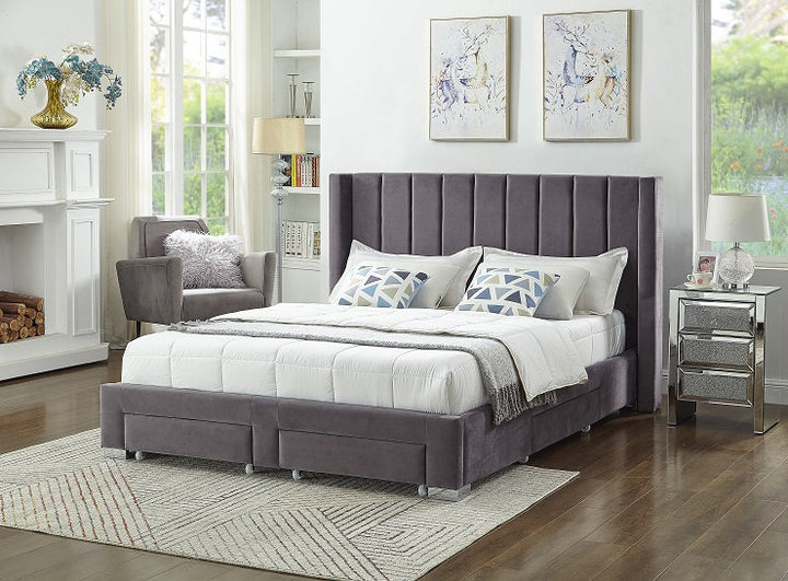Simpala Velvet Upholstered Platform Bed Frame In Grey Finish