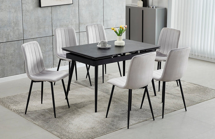 Moris 7-Piece Dining Table Set With Light Grey Velvet Upholstered Chairs