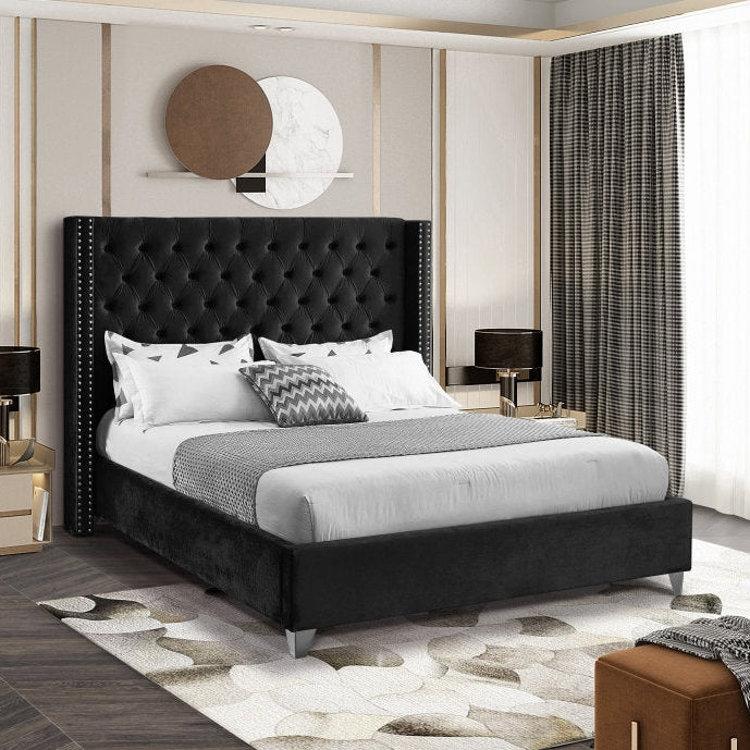 Suzon Black Velvet Upholstered Platform Bed Frame With Button-Tufted Headboard