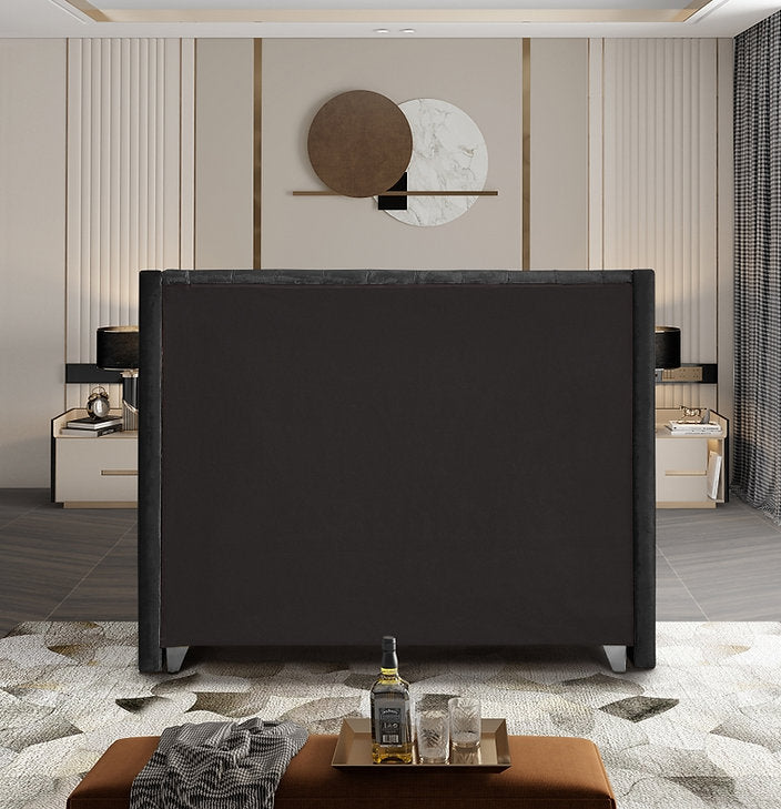 Suzon Black Velvet Upholstered Platform Bed Frame With Button-Tufted Headboard