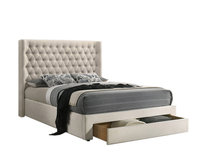 Rabio Ivory Fabric Upholstered Platform Bed Frame With Built-In Storage Drawer