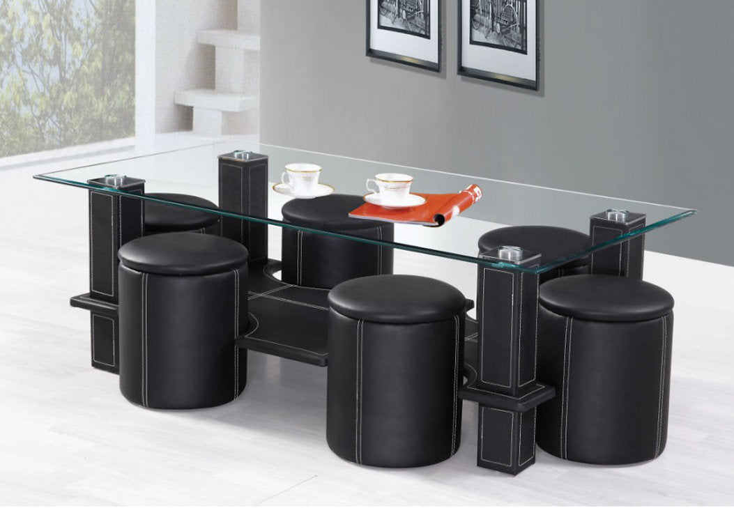 Roxxen Black Coffee Table Set With Clear Tempered Glass Top
