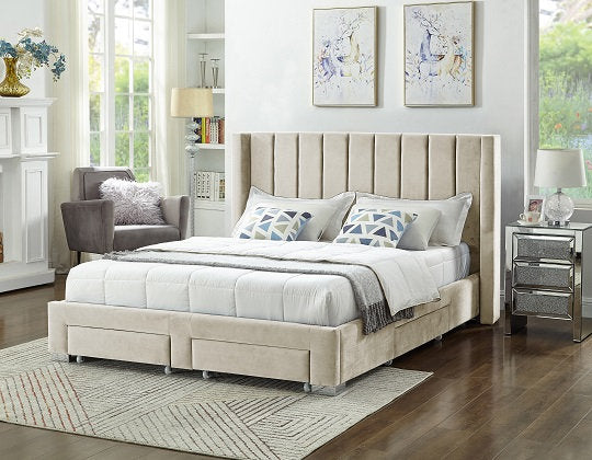Simpala Velvet Upholstered Platform Bed Frame In Beige Finish