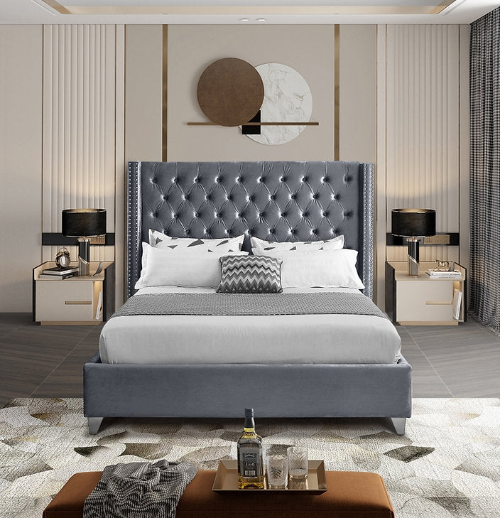 Suzon Grey Velvet Upholstered Platform Bed Frame With Button-Tufted Headboard